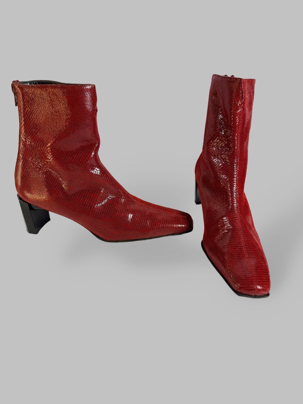 Stuart Weitzman Red Lizard-Embossed Mid-Heel Ankle Boots
